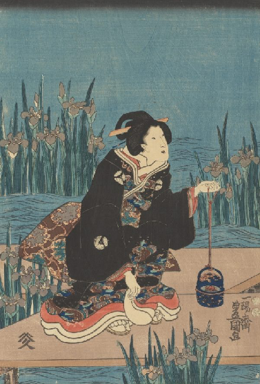 Utagawa Kunisada, Kneeling Woman, left sheet of the triptych Playing Among the Irises, 1850