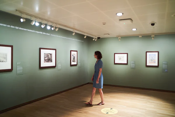 Een vrouw in een blauwe jurk bekijkt een tekening van Vincent van Gogh in de vaste collectie van het museum. Foto: Tomek Dersu Aaron 