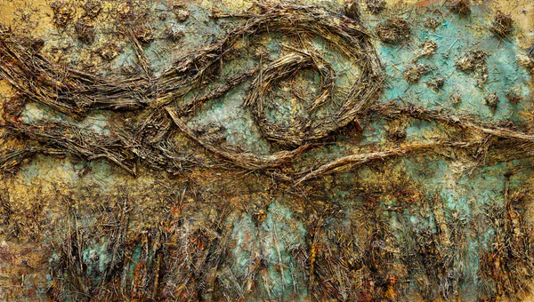 Anselm Kiefer, De sterrennacht, 2019, emulsie, olie, acryl, schellak, stro, bladgoud, hout, draad, bezinksel van een elektrolyse op doek, 470 x 840 cm © Anselm Kiefer Foto: Georges Poncet