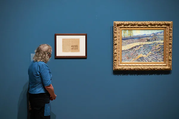 In de tentoonstelling vergelijkt een vrouw de briefschets van Vincent van Gogh met het het schilderij Veld met een ploeger uit 1889. Foto: Tomek Dersu Aaron