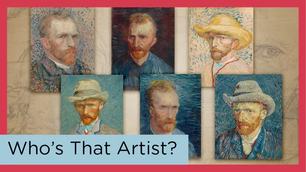 Thumbnail met zes zelfportretten van Vincent van Gogh voor de video Who's that artist? 